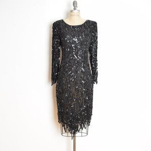 vintage 80s dress black silk sequin beaded feathers flapper party prom dress M